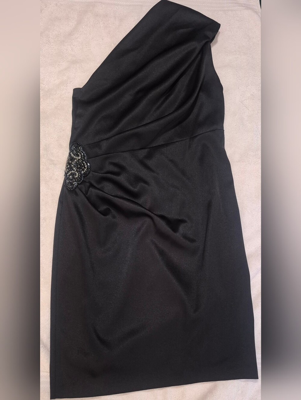 eliza j one shoulder beaded rouched stretch satin black dress Midi